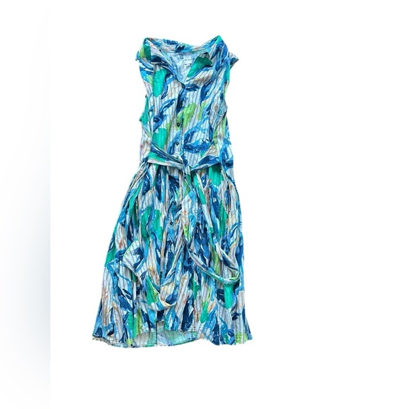 NIC+ZOE Green and Blue Scribble Vines Floral Sleeveless Midi Shirt Dress Size 2X - Picture 3 of 9